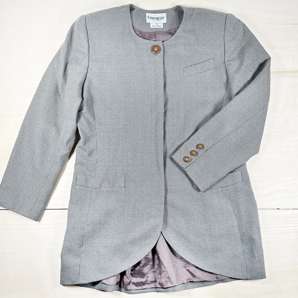 John Meyer Of‎ Norwich Wool Blend Micro Houndstooth Blazer Women's 14 Gray